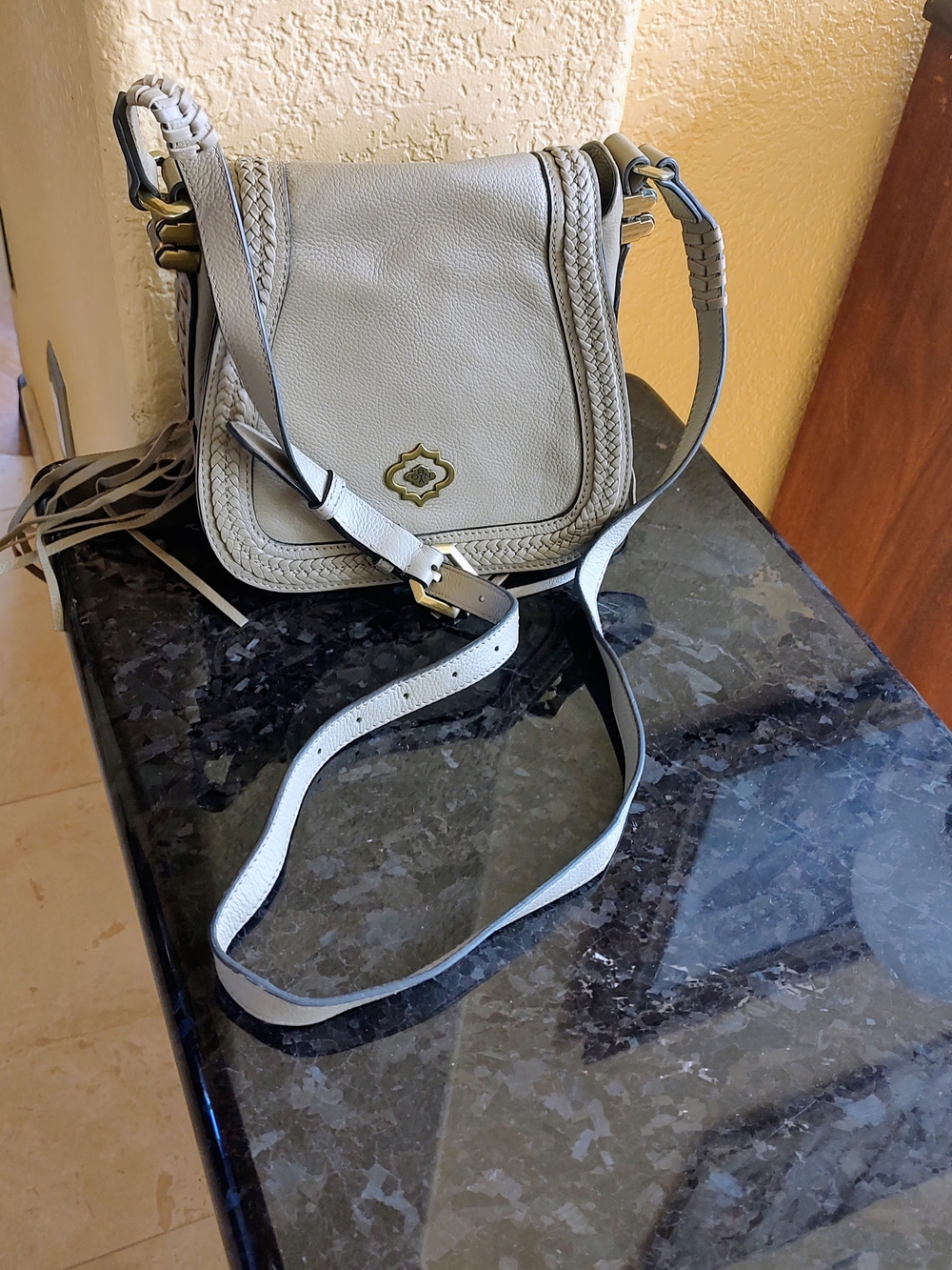 orYANY Taupe Braided-Trim Leather Crossbody with Tassel